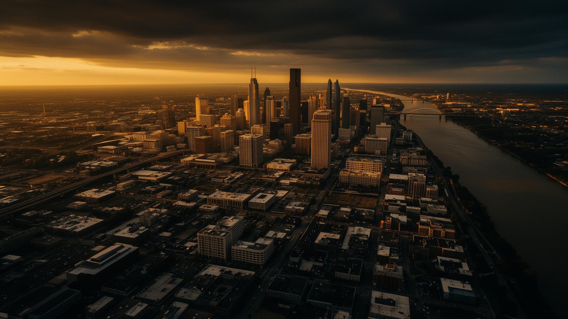Cinematic aerial drone view of Memphis at golden hour